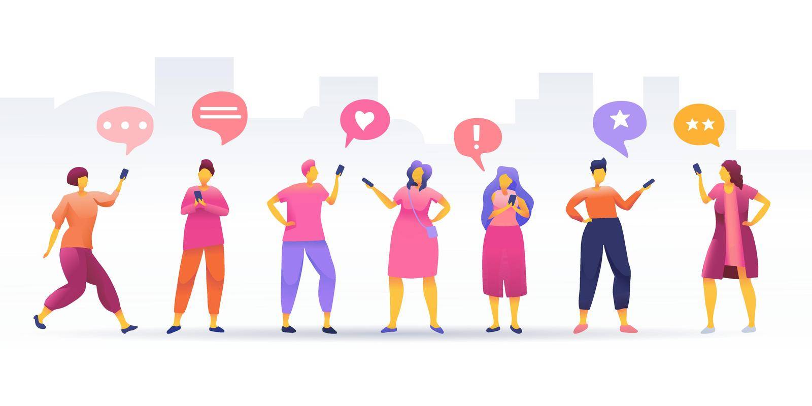 Social Network, stay connected, people connecting all over the world, Young People Characters Chatting, online community, for web page, banner, presentation, social media, vector illustration.