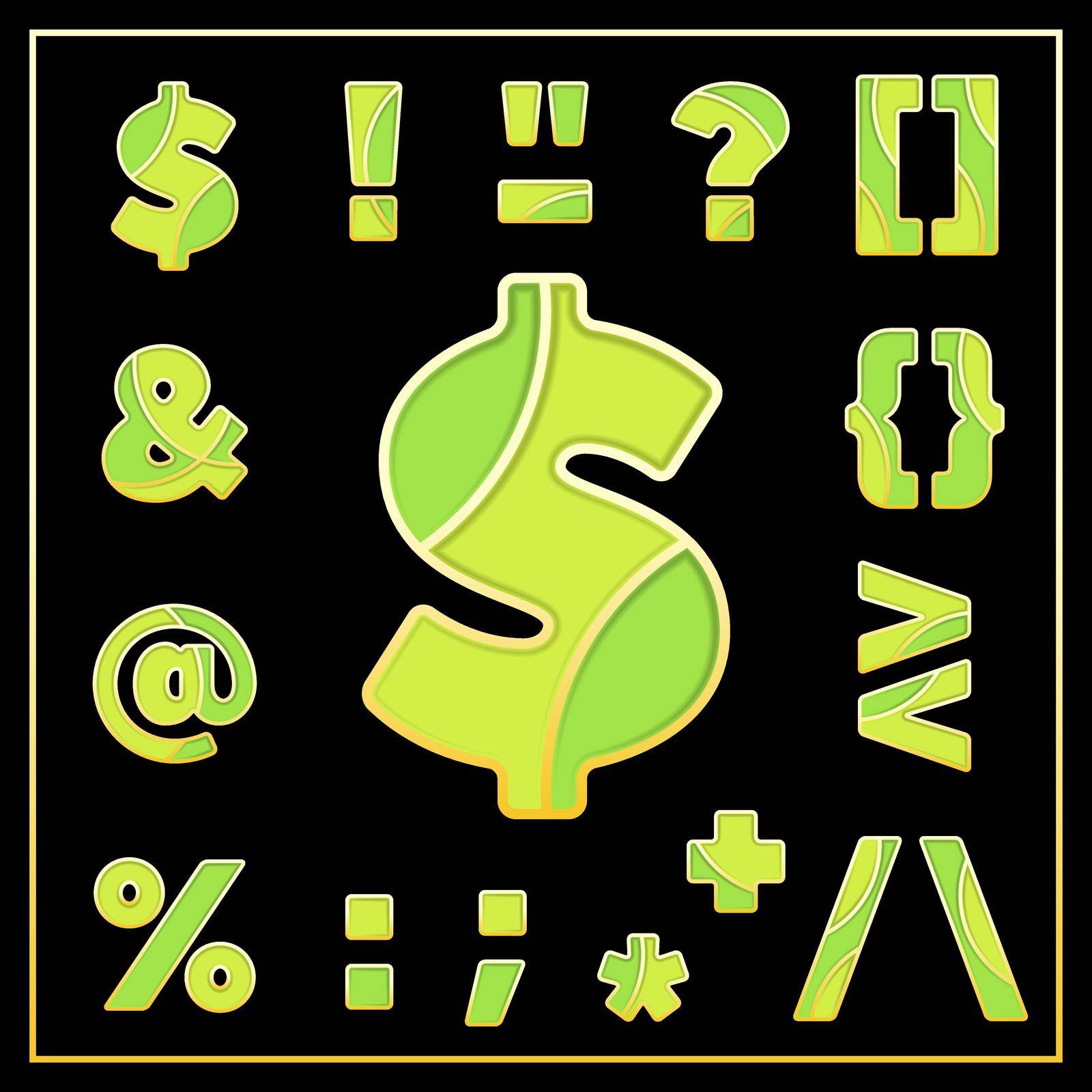 Colorful stylized mosaic font with punctuation marks. Part 4 of 4. Enamel jewelry art isolated symbols in green colors. Dollar sign, exclamation mark, percent sign and others for elegant design.