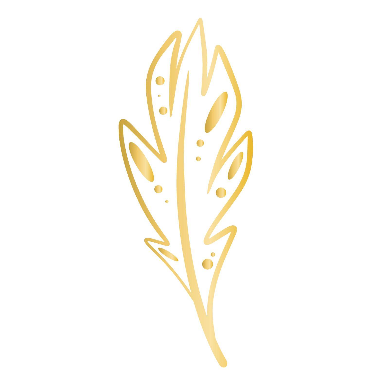 Golden decorative feather isolated vector illustration. Simple outline decoration for postcard, invitation and design. Gold graceful bird feather clipart