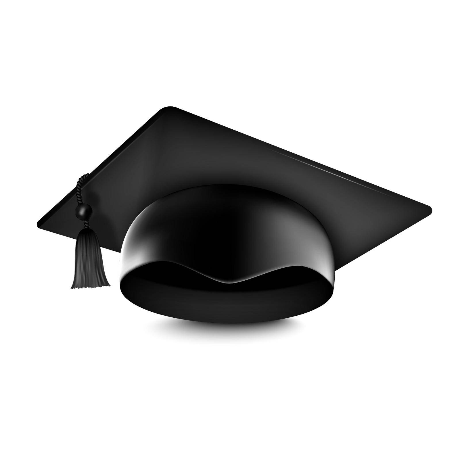 Graduation university or college black cap 3d realistic vector illustration isolated on white background. Element for degree ceremony and educational programs design. by Samodelkin20