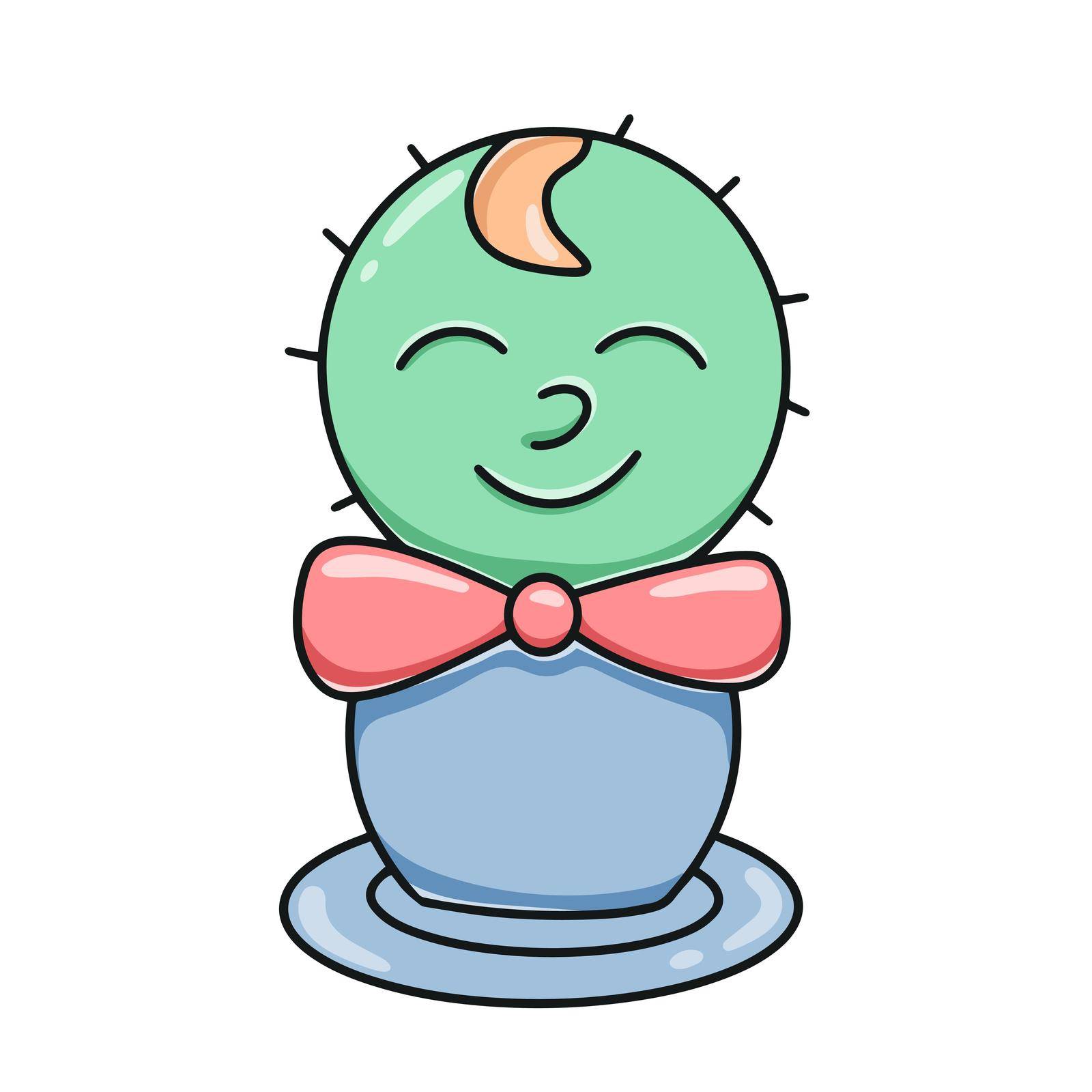 Cactus in pot baby character cartoon. Round prickly cactus kawaii isolated vector illustration