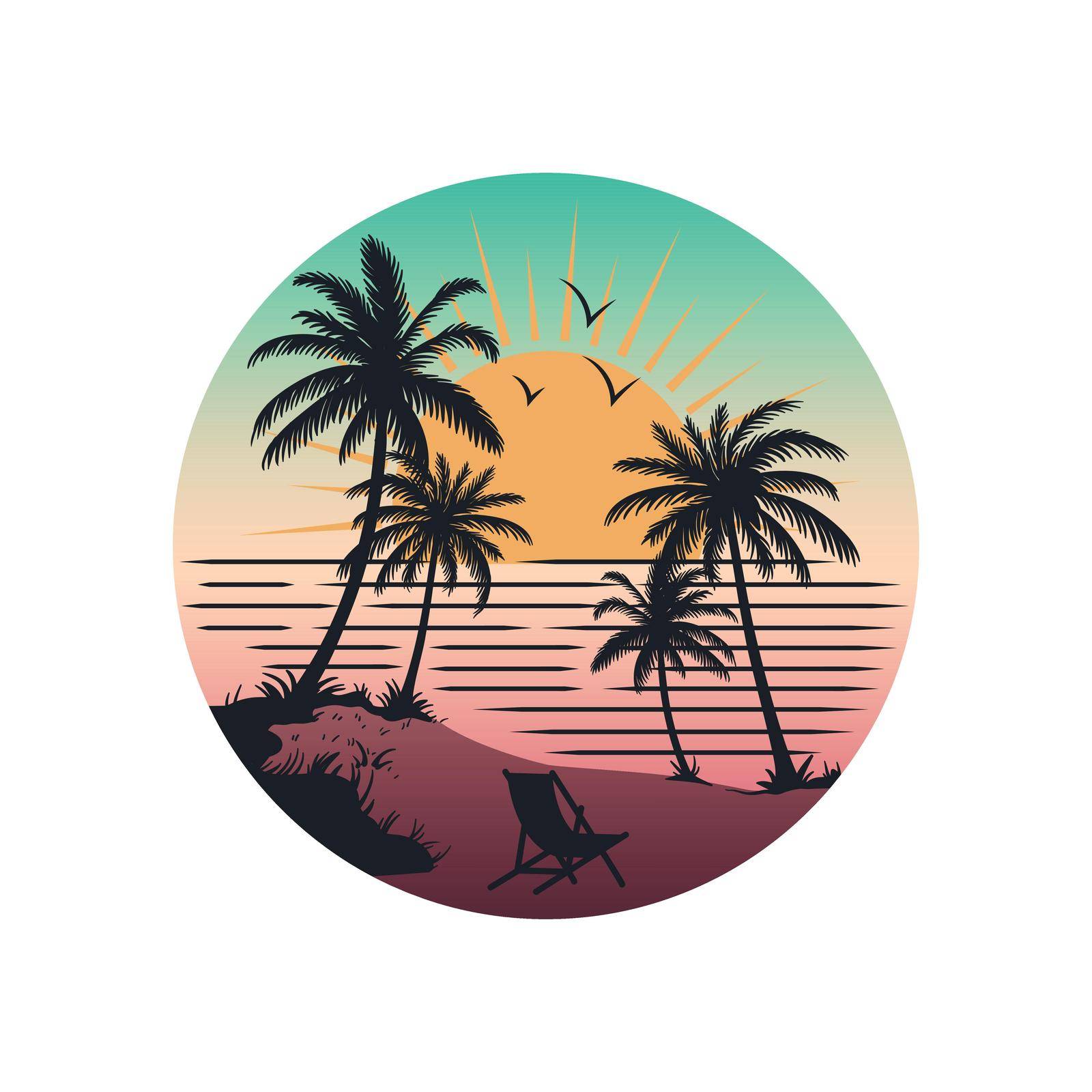 Ocean and beach panorama. Summer time and surfing landscape design artwork. Editable, resizable, EPS 10, vector illustration.
