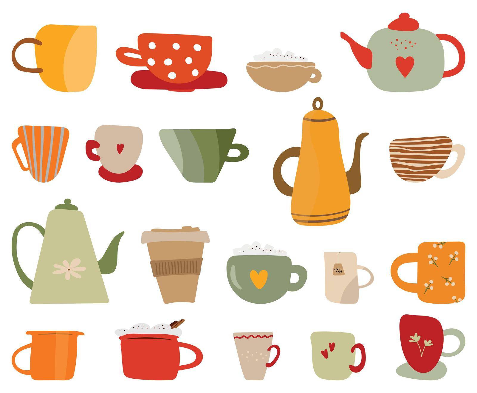 Mugs and kettles in different design vector paintings. Tea time cartoon paintings set with cups