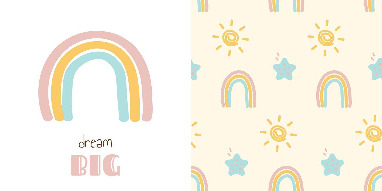 Rainbow, sun and star vector cartton paintings set with text for postcards. Beautiful trendy weather drawings for kid baby child space decoration and invitation
