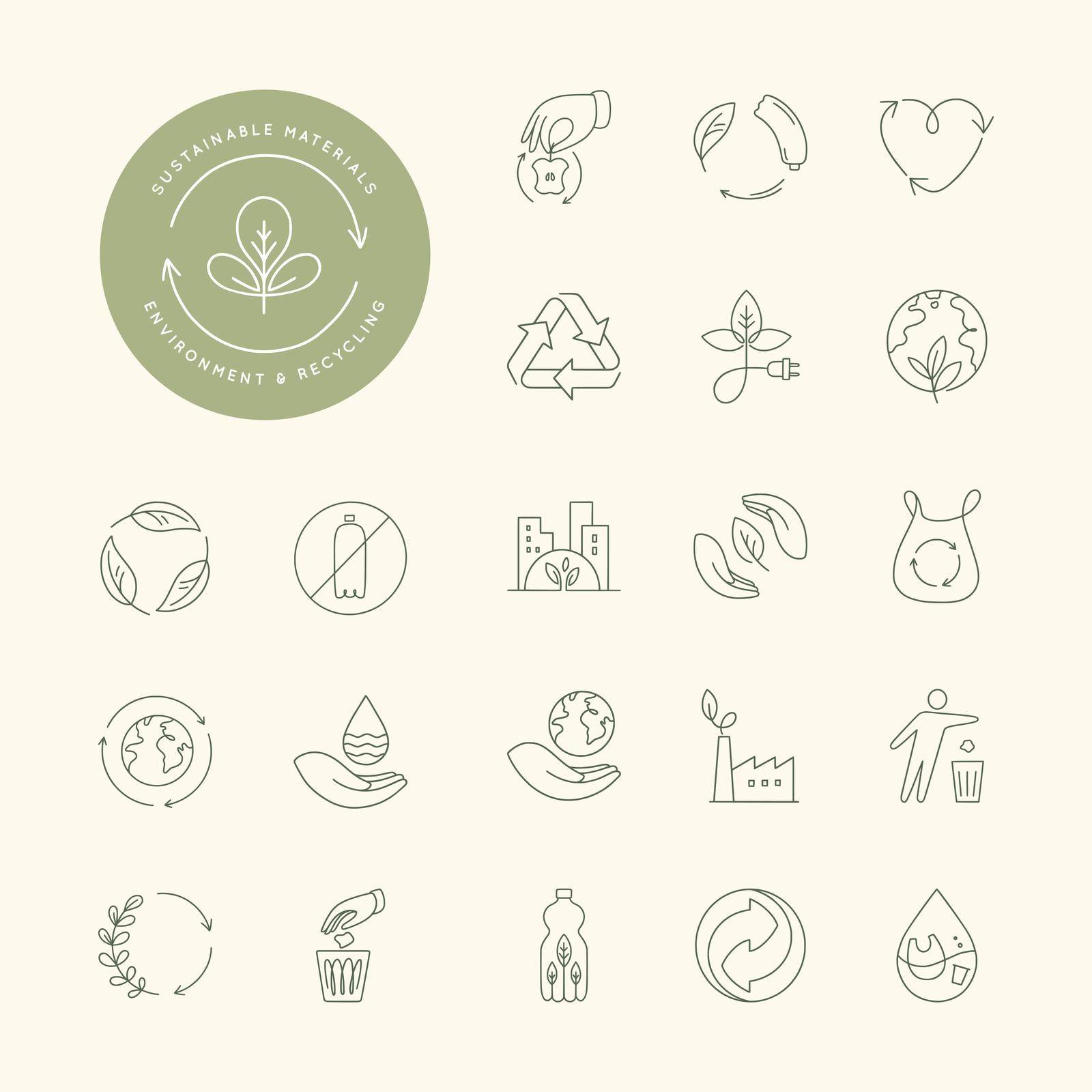 Vector set of design elements, logo design templates, icons, and badges in trendy linear style - zero waste and plastic-free concepts. Eco-friendly related thin line icon set in minimal style. Environmental sustainability simple symbol.