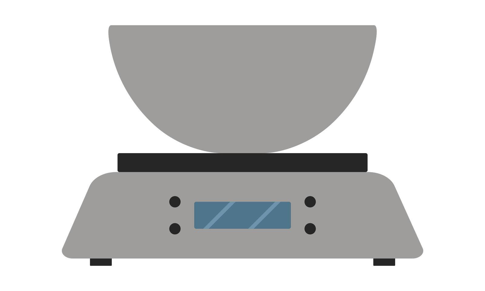 Electronic kitchen scales with a weighing tank. Kitchen appliance for determining the weight of products. Flat. Vector by San-Sanych