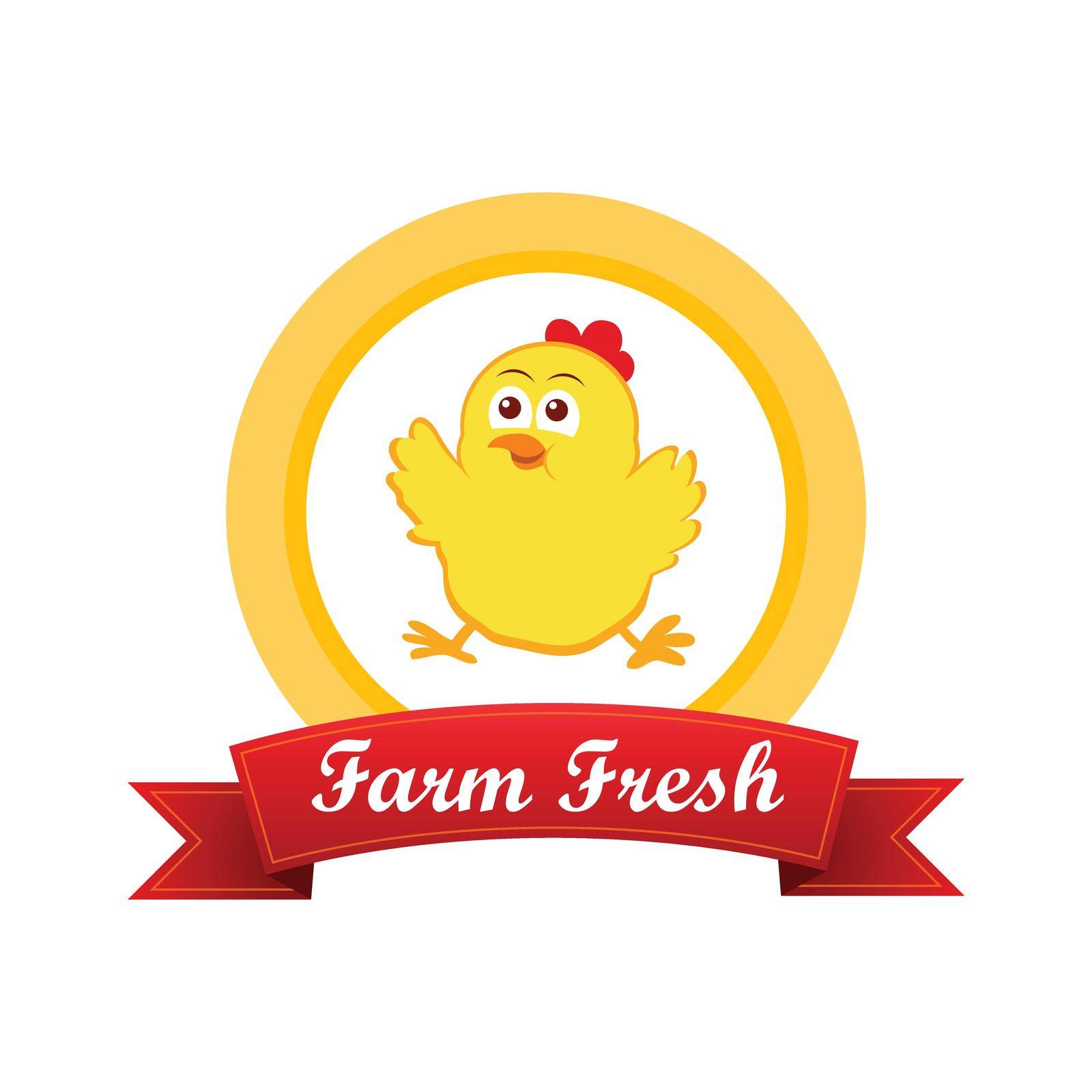 Emblem with cute yellow chicken with ribbon and caption Fresh Farm, Vector Illustration isolated on white background