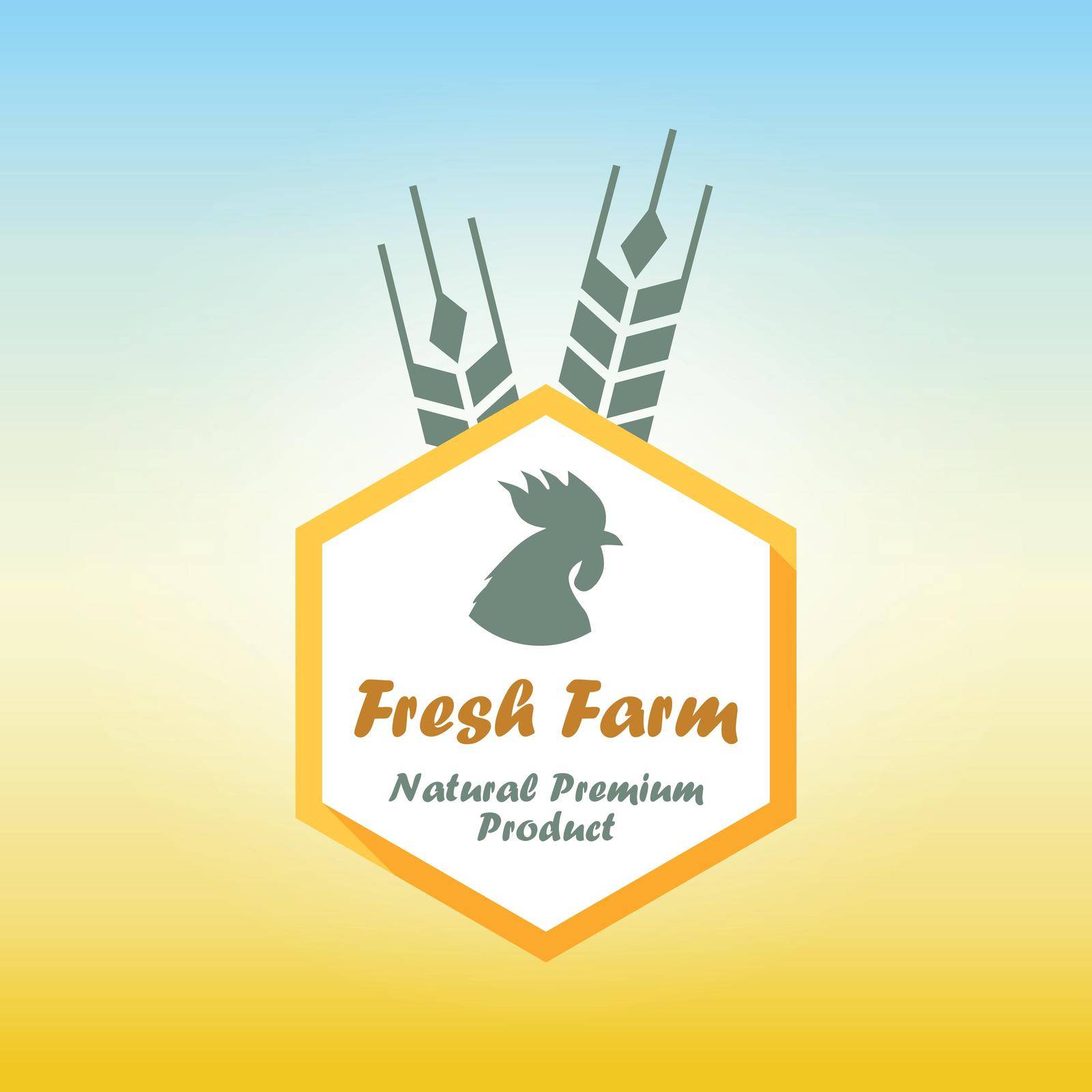 Fresh Farm Emblem with cock and ears of wheat, Vector Illustration
