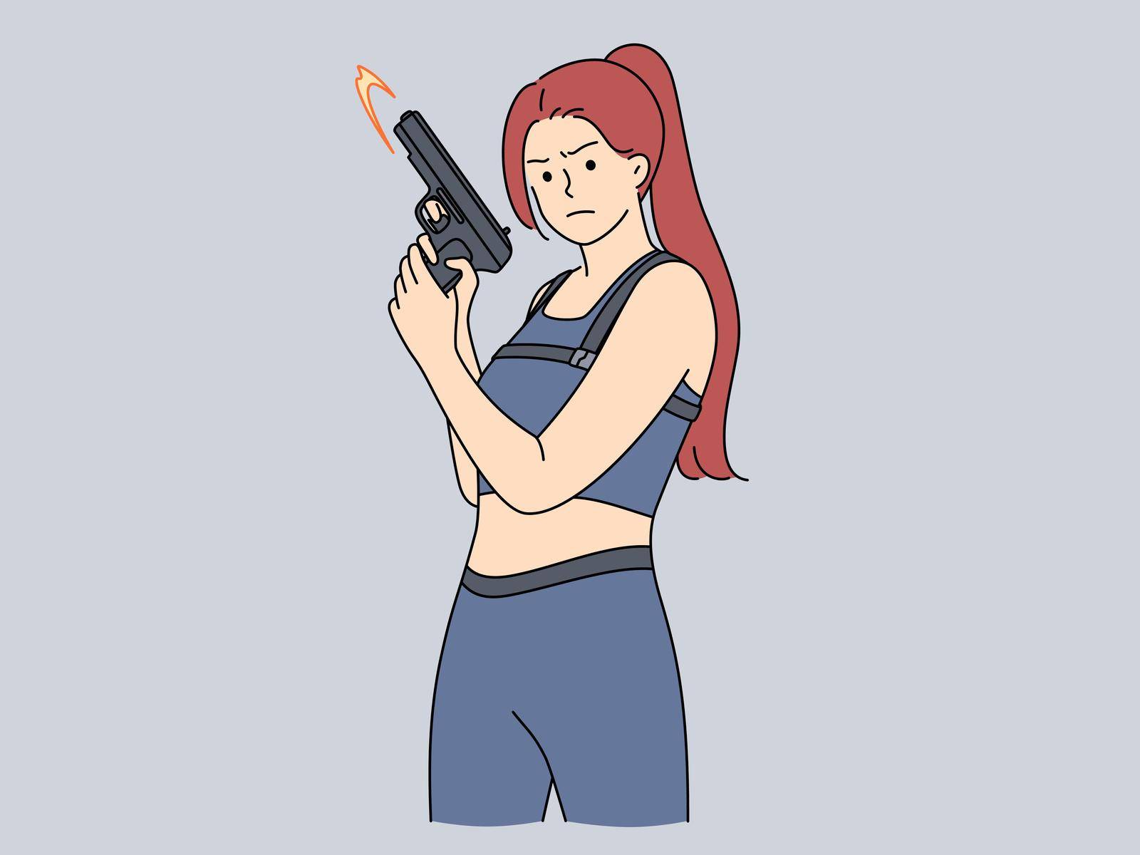 Strong woman in uniform holding gun in hands. Decisive female with shotgun show power and strength. Vector illustration.
