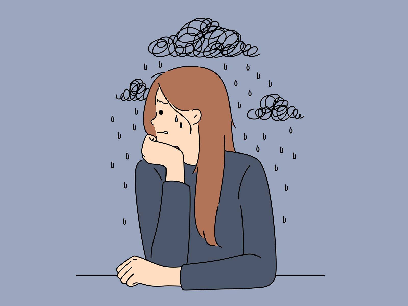 Unhappy young woman suffer from depression and repetitive thoughts. Upset female cry struggle with mental disorder and stress. Psychology problem concept. Vector illustration.