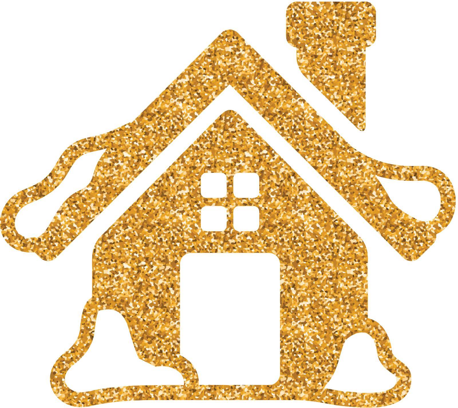 House with snow icon in gold glitter texture. Sparkle luxury style vector illustration.