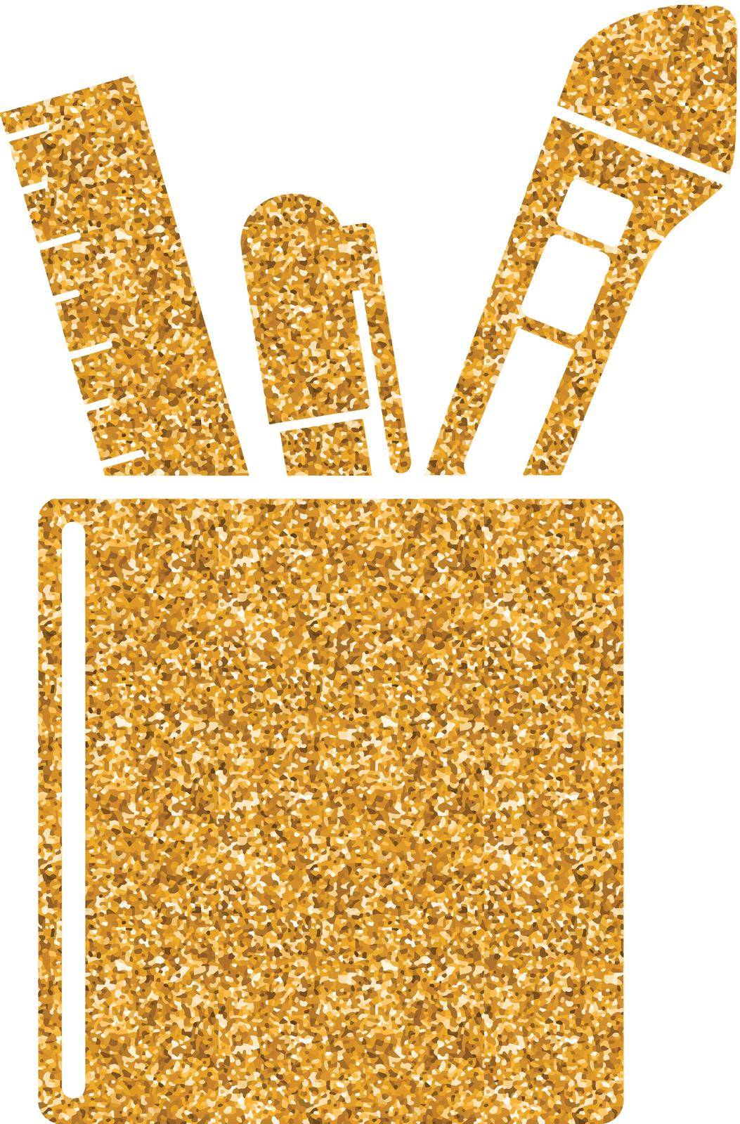 Pen pot icon in gold glitter texture. Sparkle luxury style vector illustration.