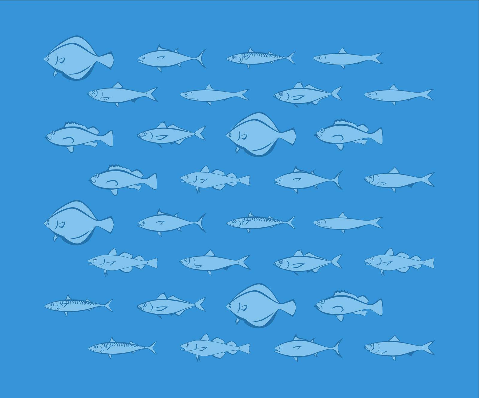 Nautical Wallpaper, Sea Fishes on Blue Background, Vector Illustration