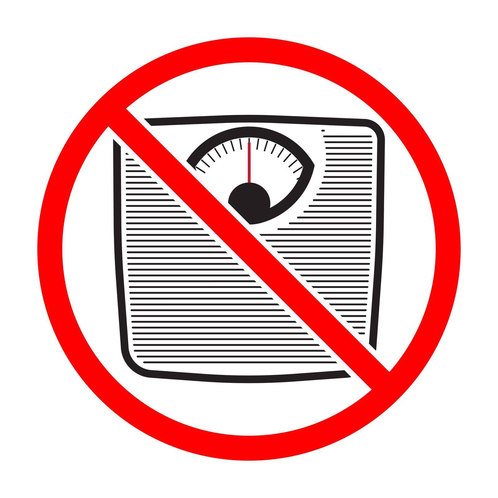 Weighing scale ban sign. Weighing scale is forbidden. Prohibited sign of weighing scale. Red prohibition sign. Vector illustration