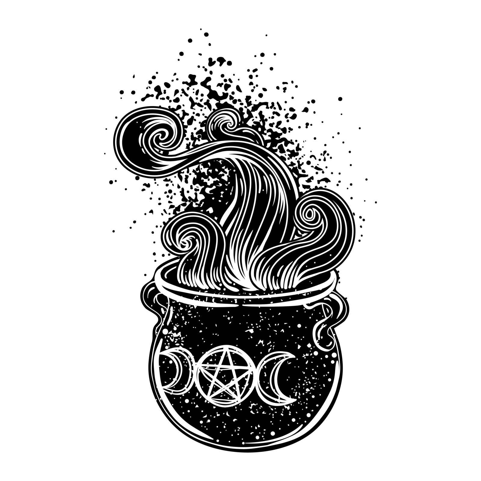 Witches cauldron. Vector isolated illustration in Victorian style. Mediumship divination equipment. flash tattoo drawing. Alchemy, religion, spirituality, occultism.