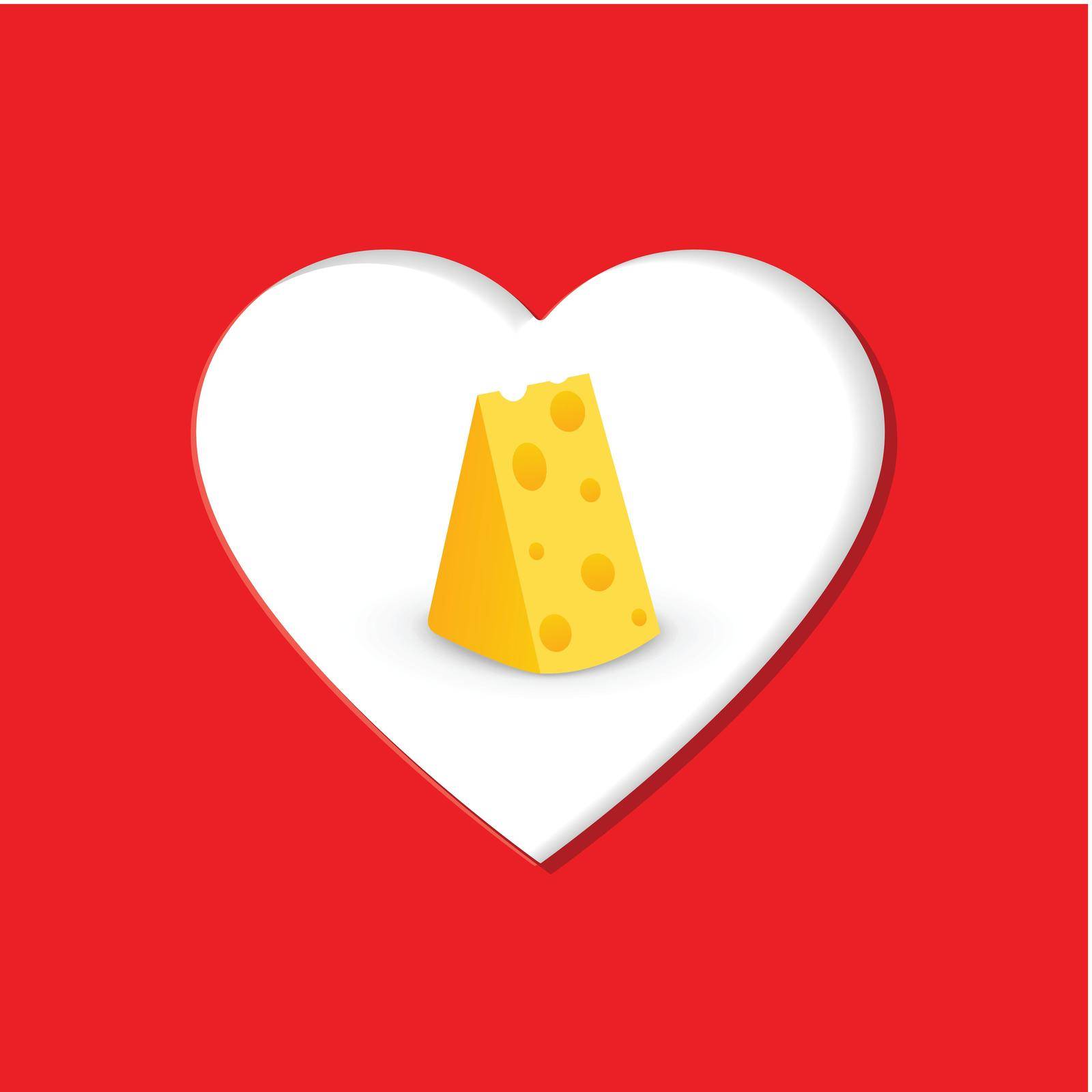 Cheese in shape of heart on red background. Vector Illustration.