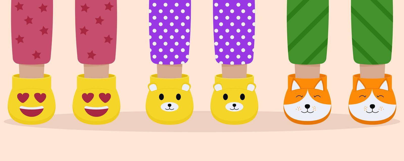 Set of children pajama slippers. Children feet in funny slippers. Pajama party. by anna_orlova