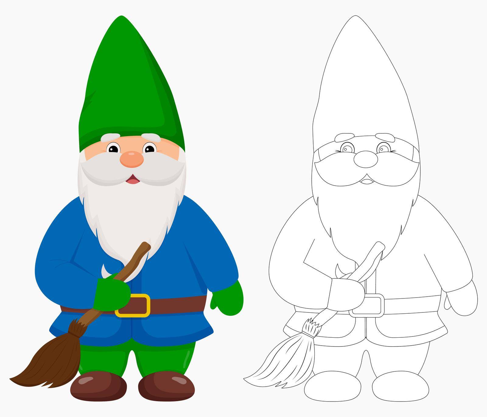 Cute garden gnome with a broom in his hands. Gnome in color and outline