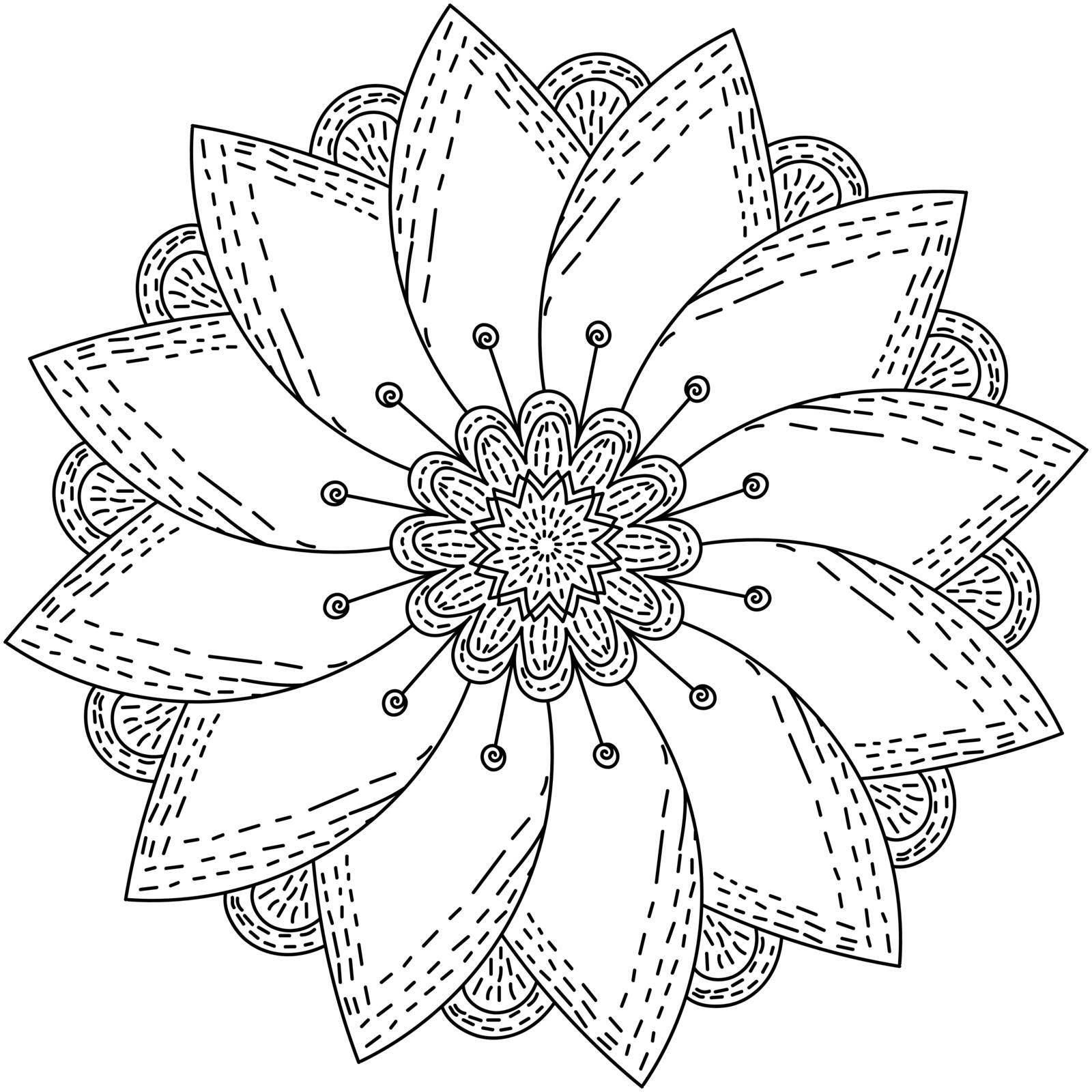 Mandala flower with small shading in the center and along the edge of the petals, zen coloring page for children and adults illustration
