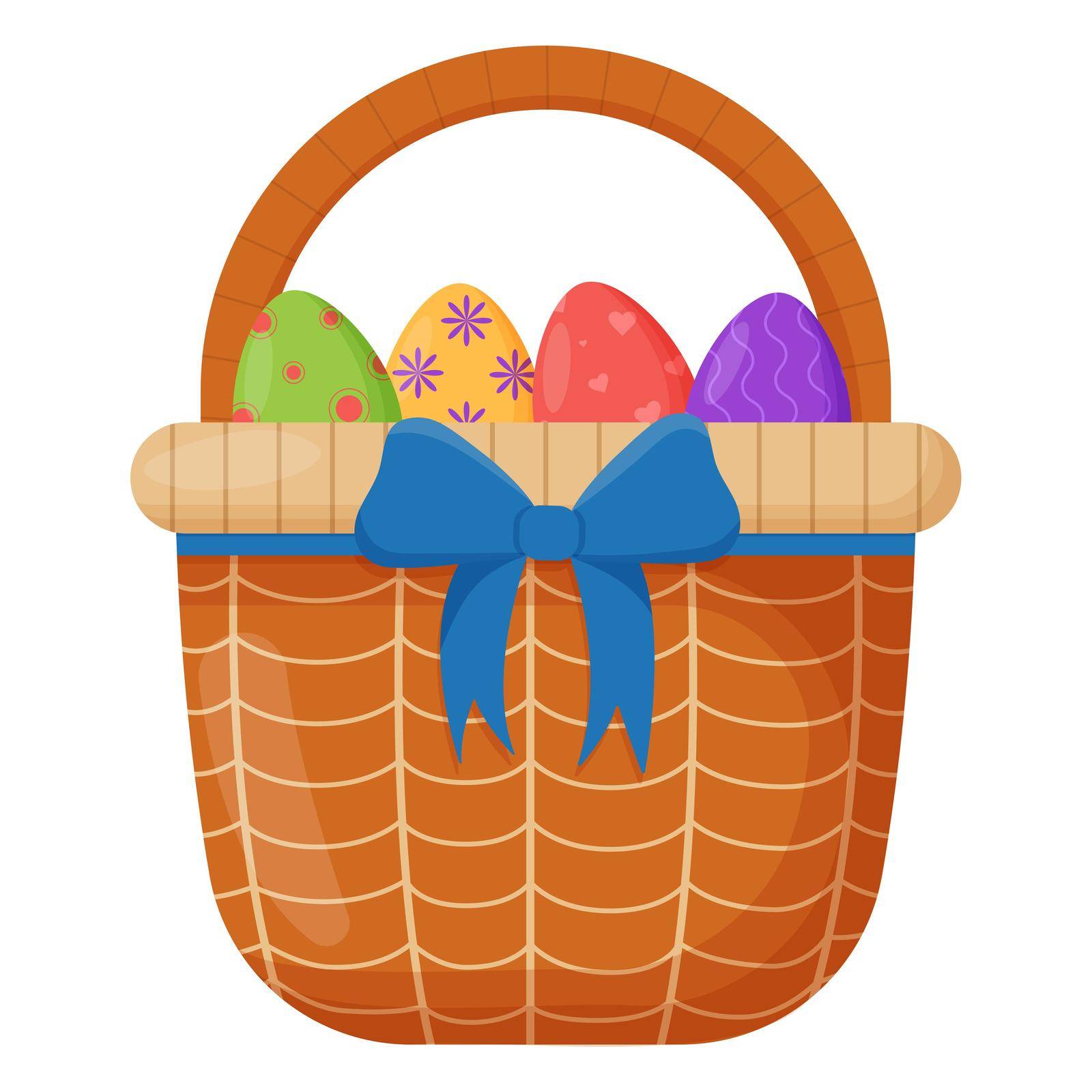 Wicker basket. Wicker basket with Easter eggs for Easter. Wooden accessory for storage or carrying.
