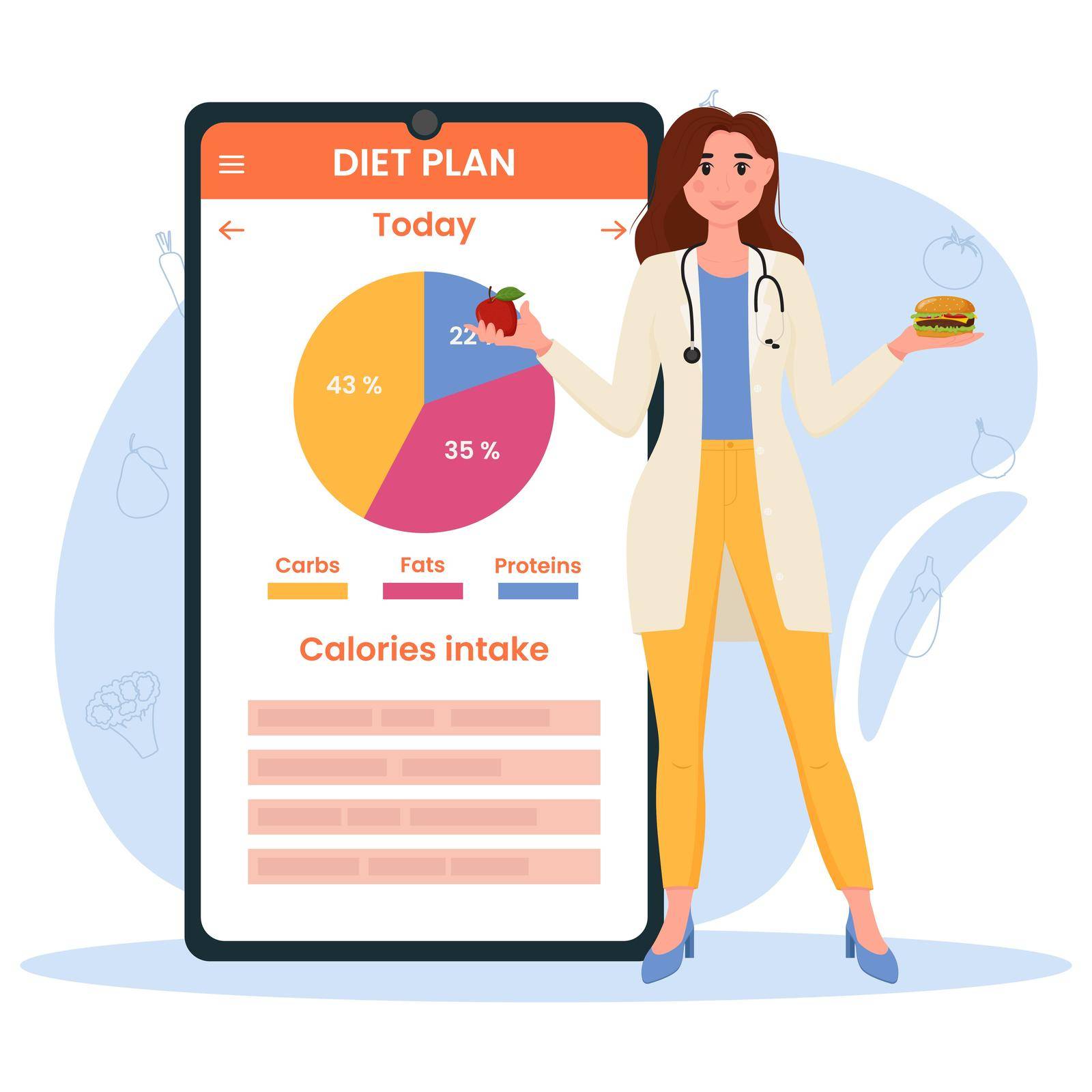 Nutritionist concept. Nutrition loss recommendation and diet plan. A mobile application with health monitoring. Vector illustration.