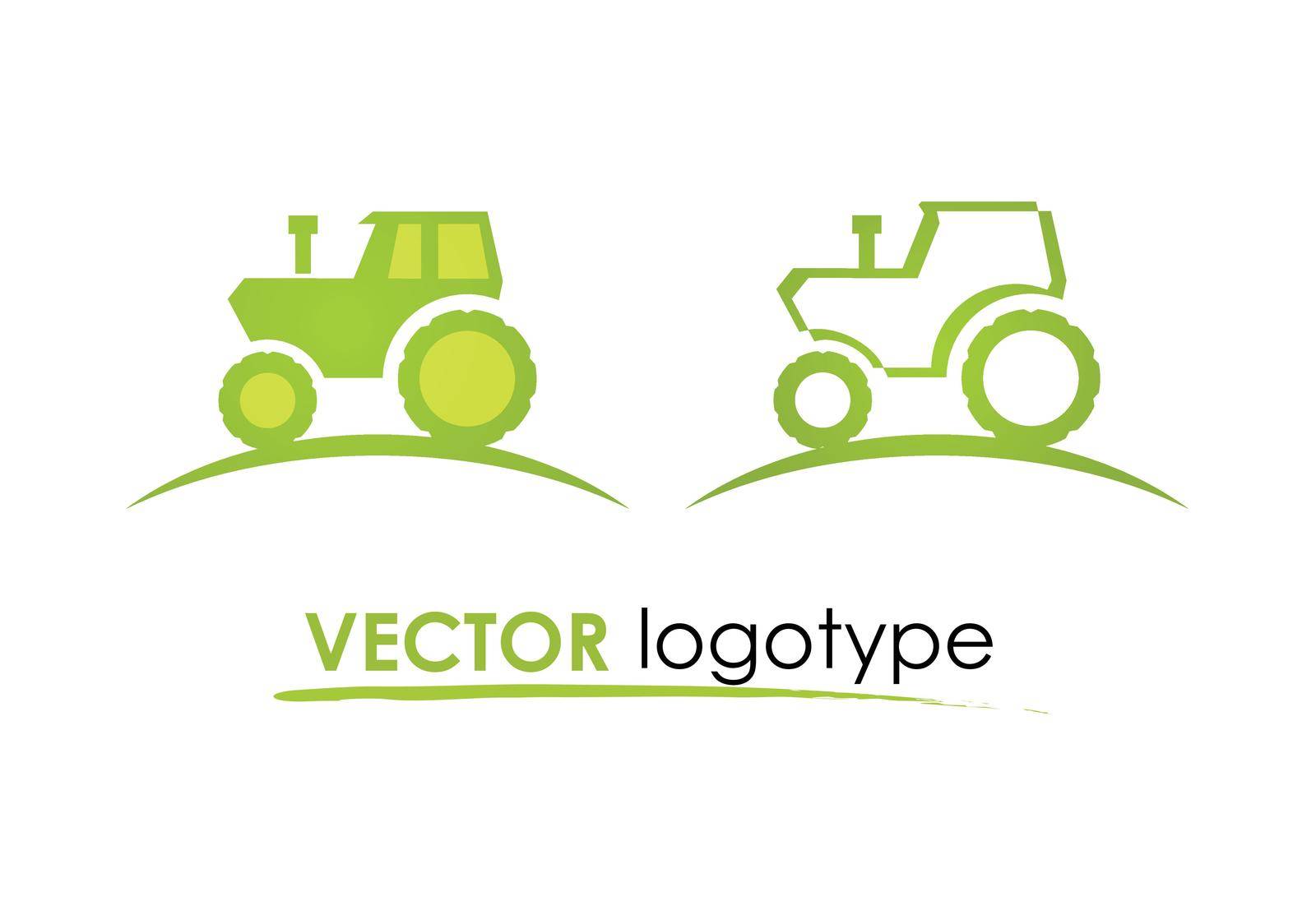 Tractor on Logotype for farm company in green and white colors, Flat Vector Illustrations isolated on white