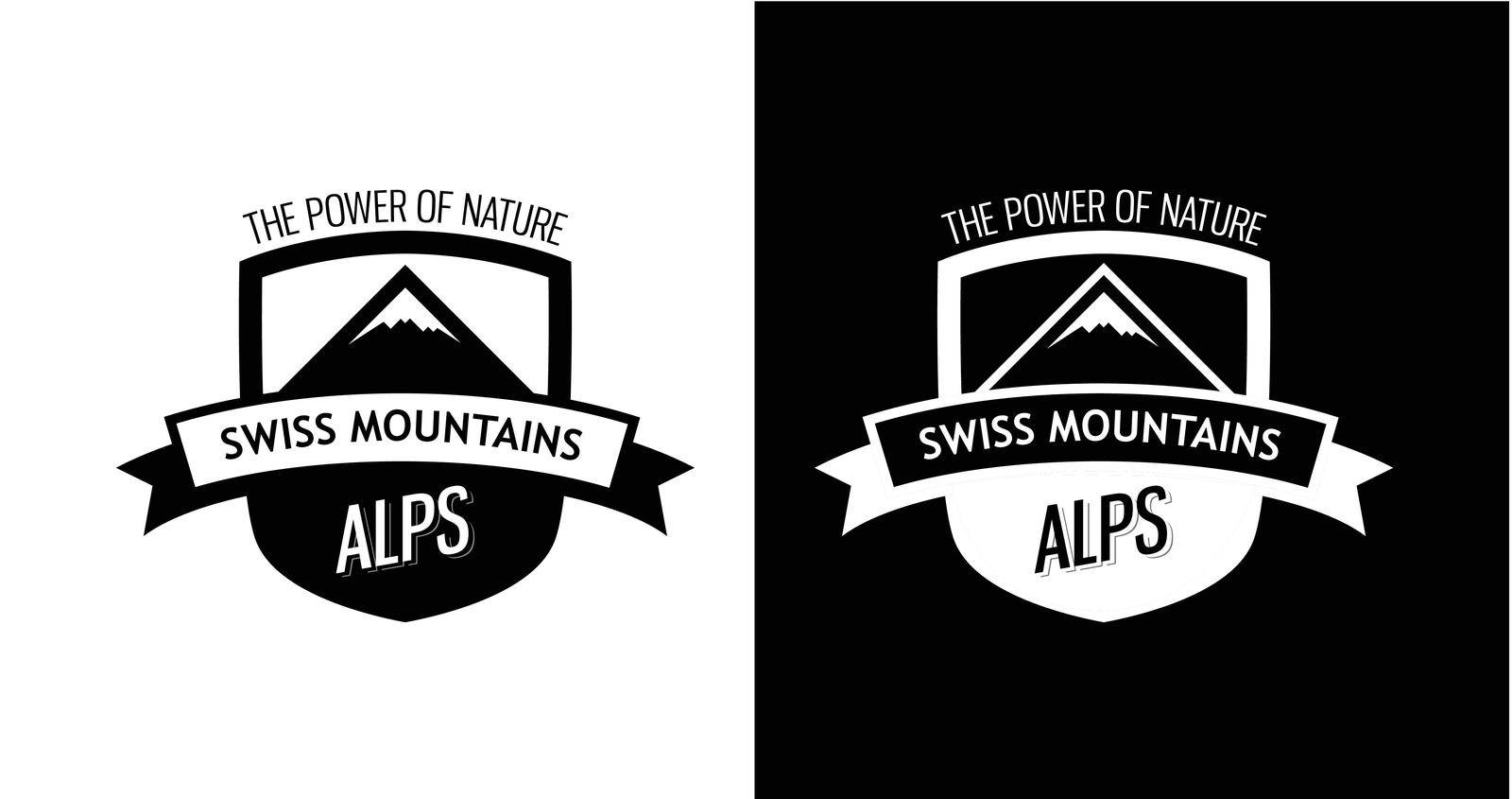 Emblem with Swiss Mountains. Alps of Switzerland on Style Modern Badge isolated on White and Black color.