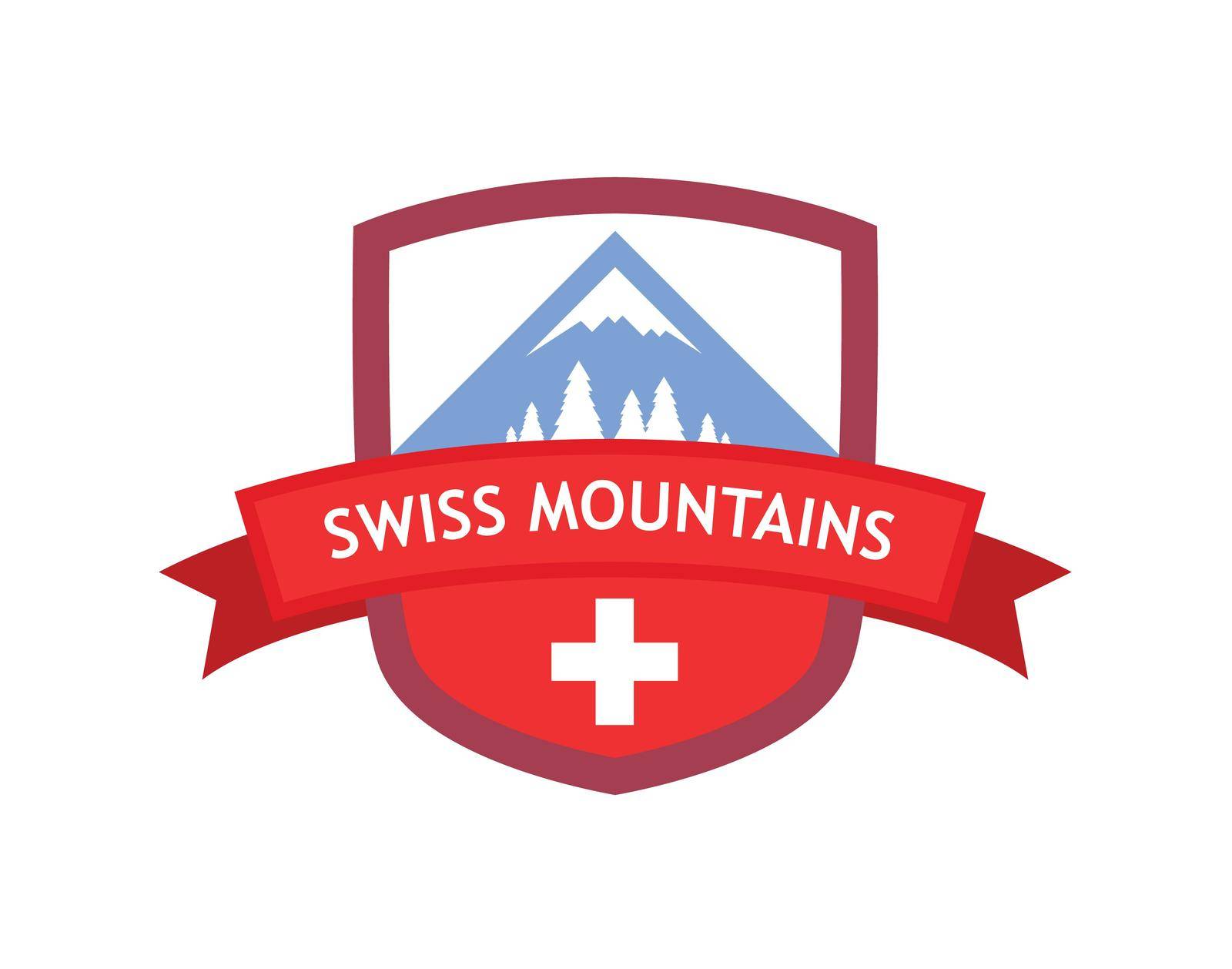 Coat of Arms with Illustration of Swiss Mountain Nature. Red Modern Design of Emblem with color of Switzerland Flag isolated on white background.