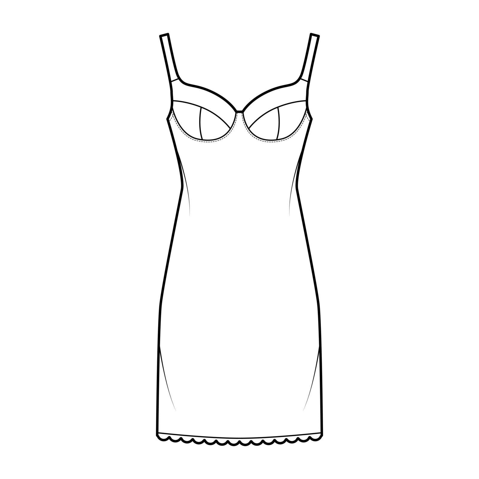 Bra slip lingerie dress technical fashion illustration with molded cup, adjustable shoulder straps, scalloped edge by Vectoressa