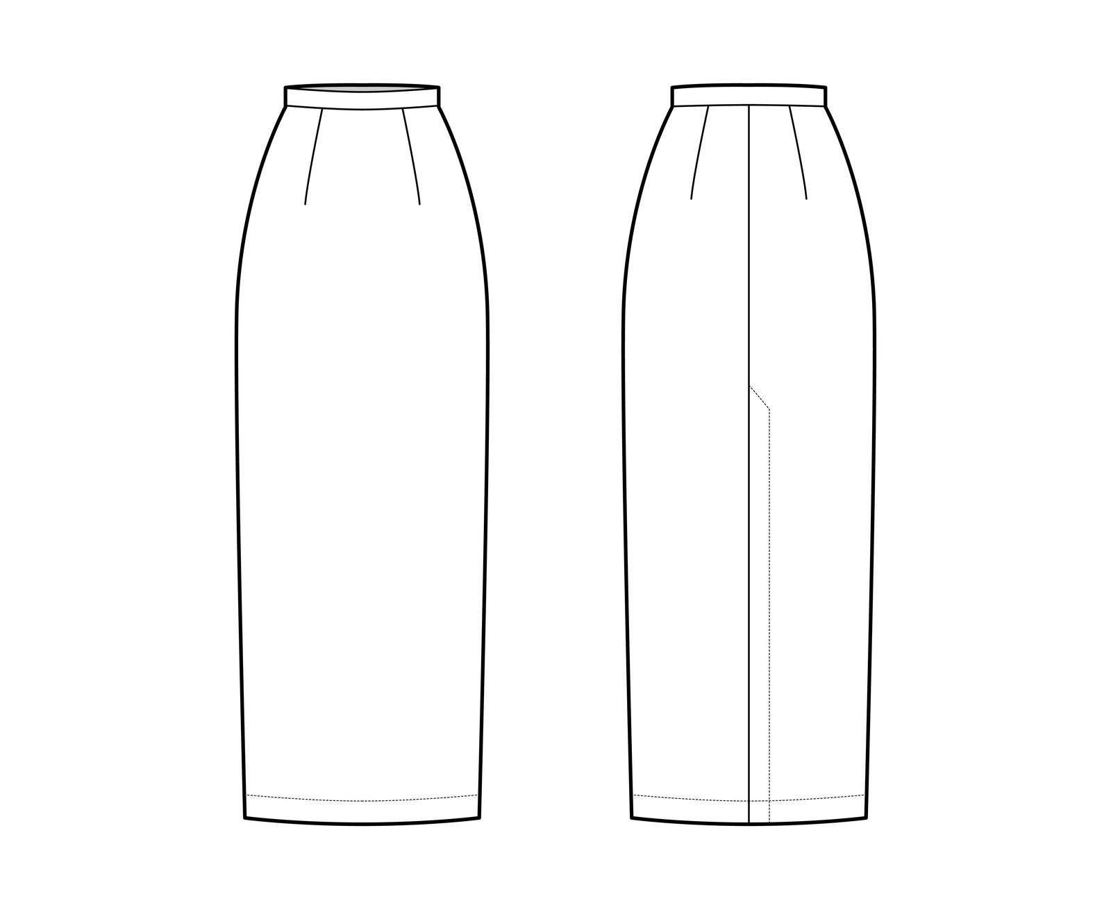 Skirt maxi pencil fullness silhouette technical fashion illustration with back slit, floor ankle lengths. Flat bottom template front, white color style. Women men unisex CAD mockup