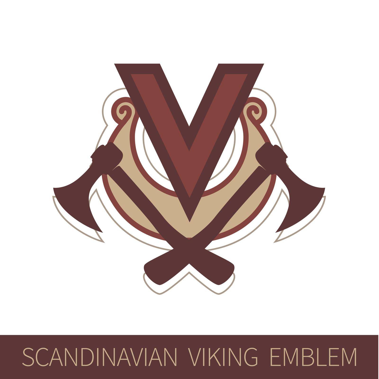 Scandinavian Viking Emblem - Coat of Arms with Letter V and Scandinavian Symbols. Vector Illustration isolated on white background, EPS 10.
