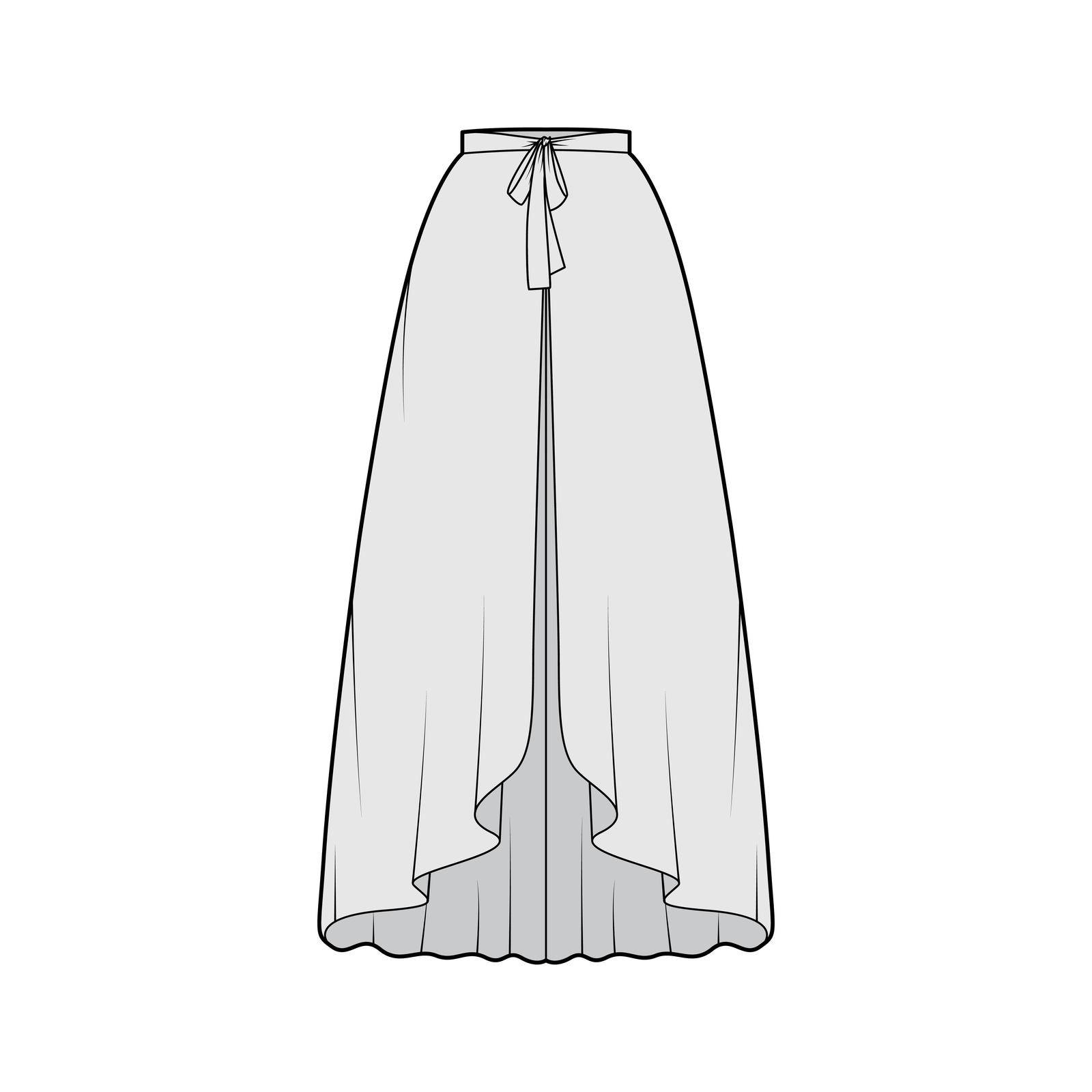 Over Skirt circular fullness technical fashion illustration with bow, floor ankle lengths, thin waistband. Flat bottom by Vectoressa