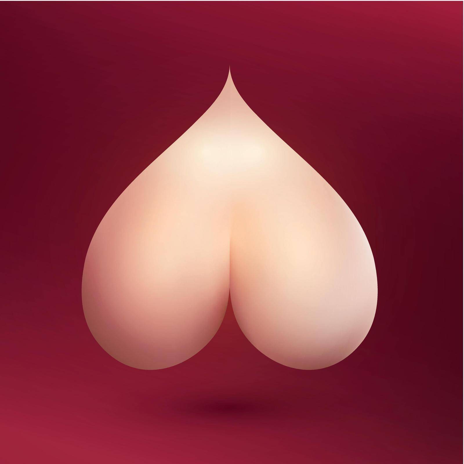 Bare naked bum in shape of Heart on Burgundy background. Vector adult illustration for sex shop of erotic web site.