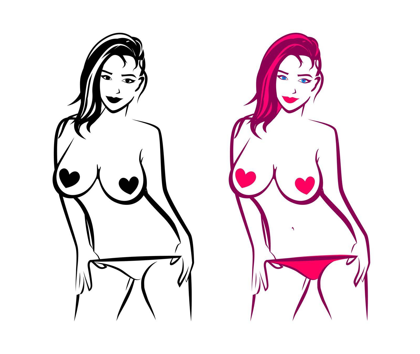 Bare Sexy Girl in black and pink color, Contour Erotic illustration for Sex Shop and Adult Websites.