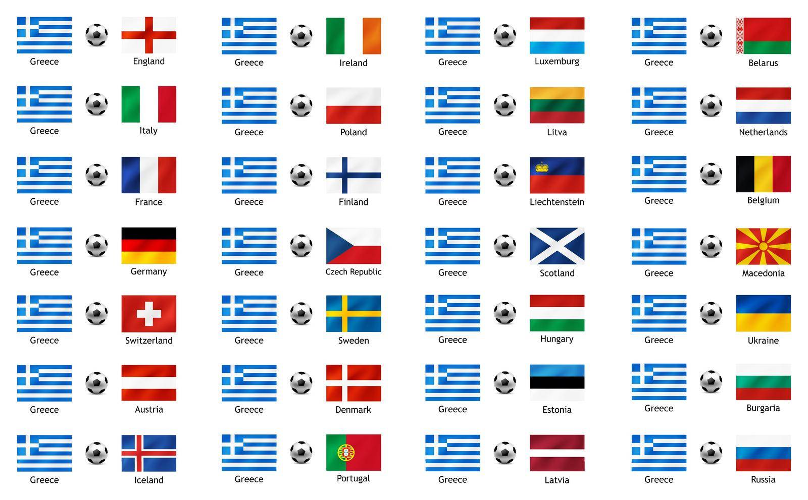 Set of banners to illustrate the sporting rivalry between Greece and European countries. Vector waving flags isolated on white background.