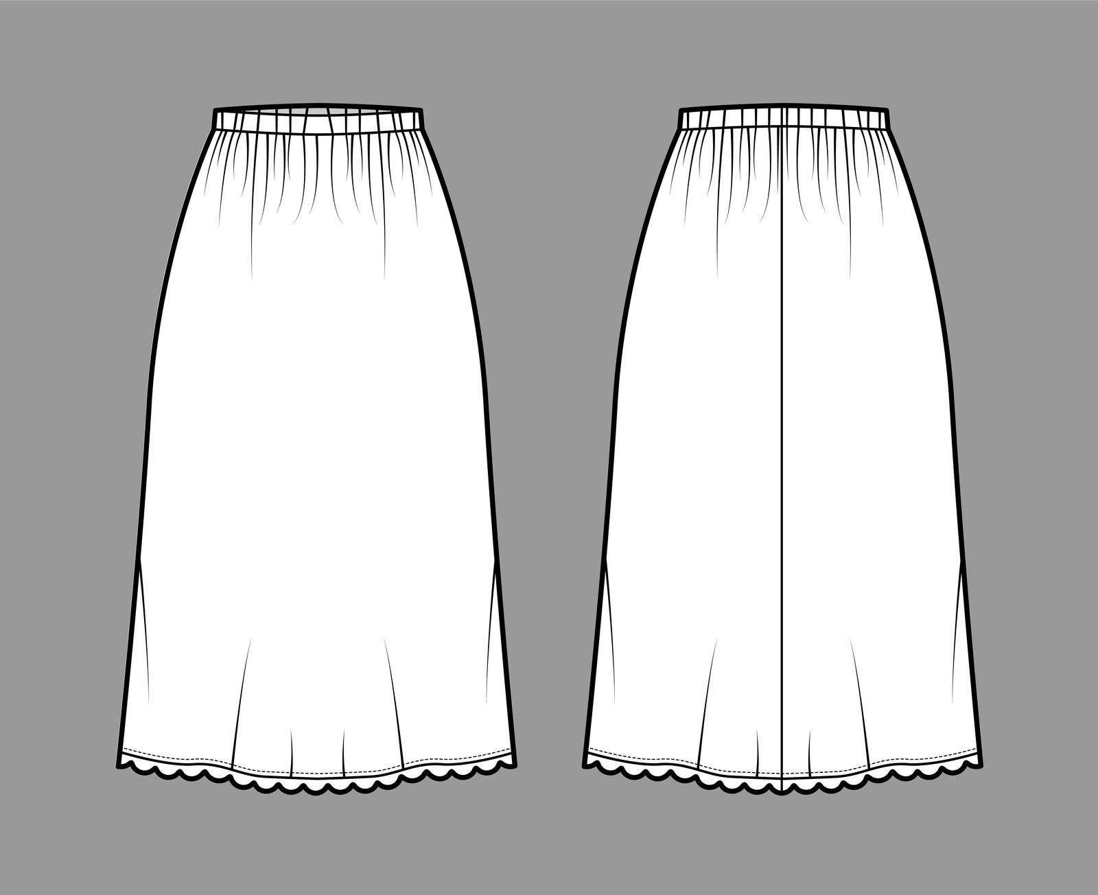 Skirt slip dirndl technical fashion illustration with below-the-knee silhouette, A-line fullness, scalloped edge. Flat bottom template front, back white color style. Women, men, unisex CAD mockup
