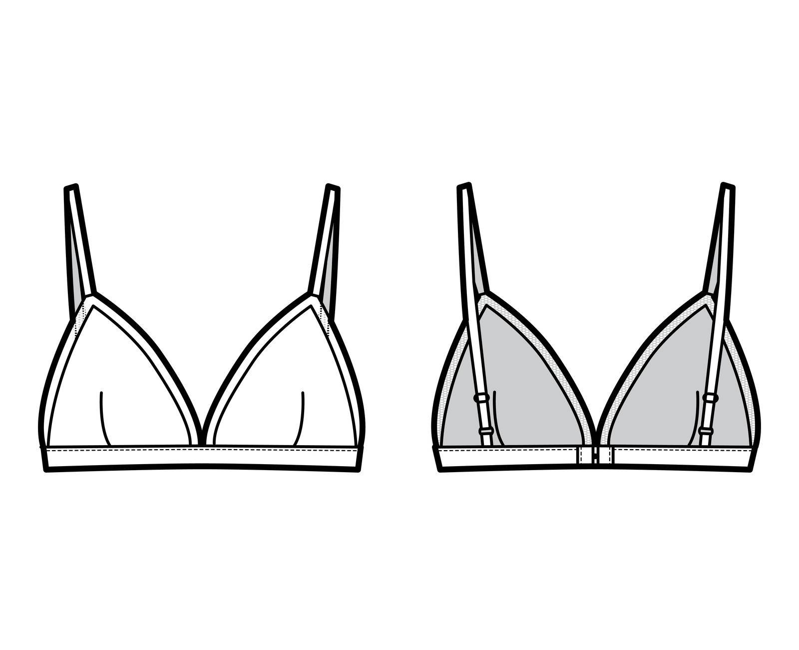 Triangle Bra lingerie technical fashion illustration with adjustable straps, hook-and-eye closure, sheer edge cups. Flat by Vectoressa