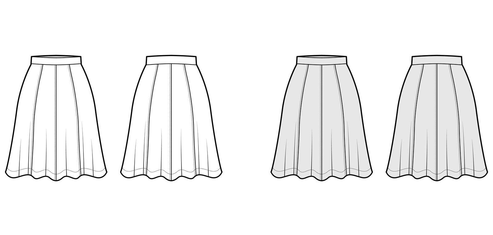 Skirt eight gore technical fashion illustration with below-the-knee silhouette, semi-circular fullness. Flat bottom template front, back, white grey color style. Women, men, unisex CAD mockup