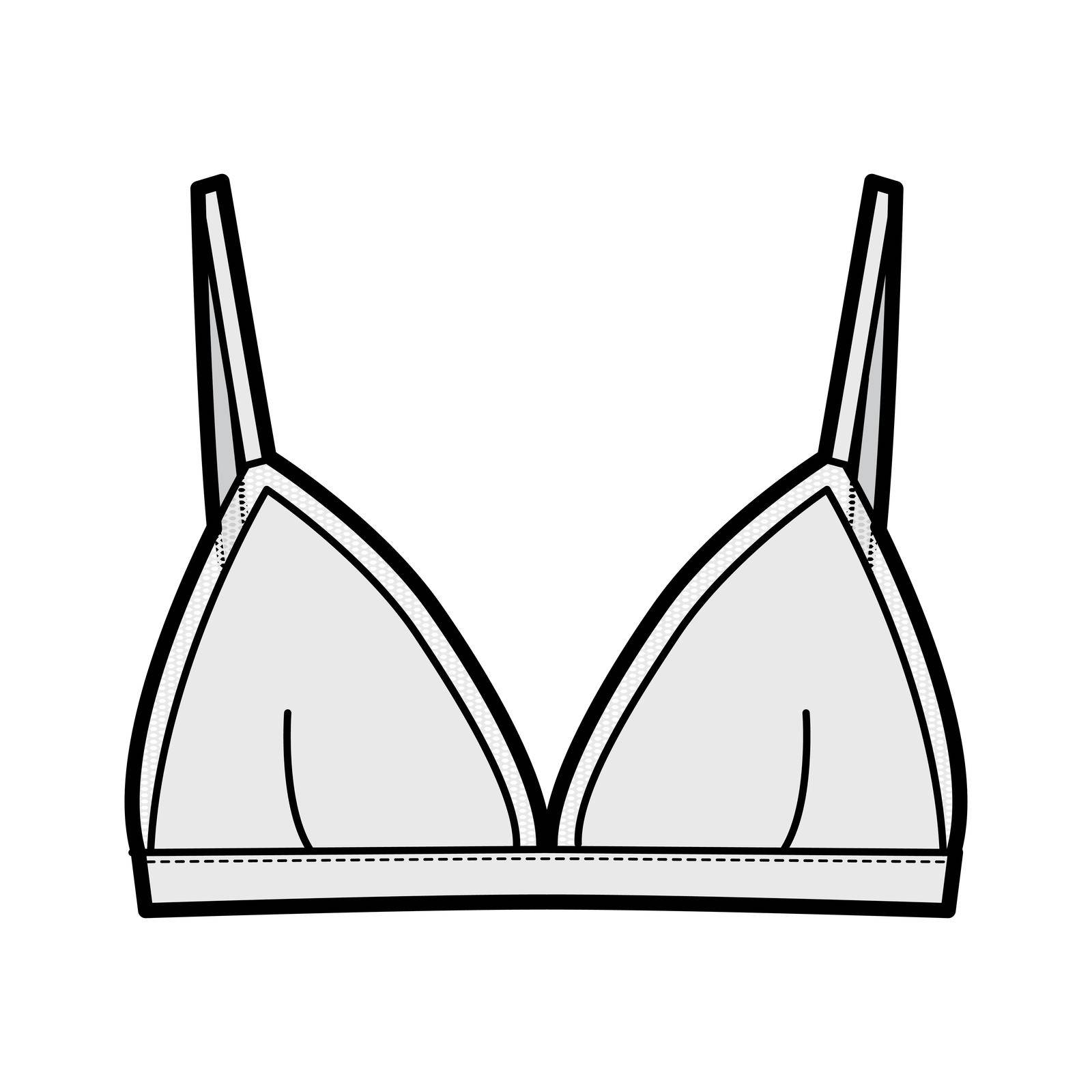 Triangle Bra lingerie technical fashion illustration with adjustable straps, hook-and-eye closure, sheer edge cups. Flat by Vectoressa