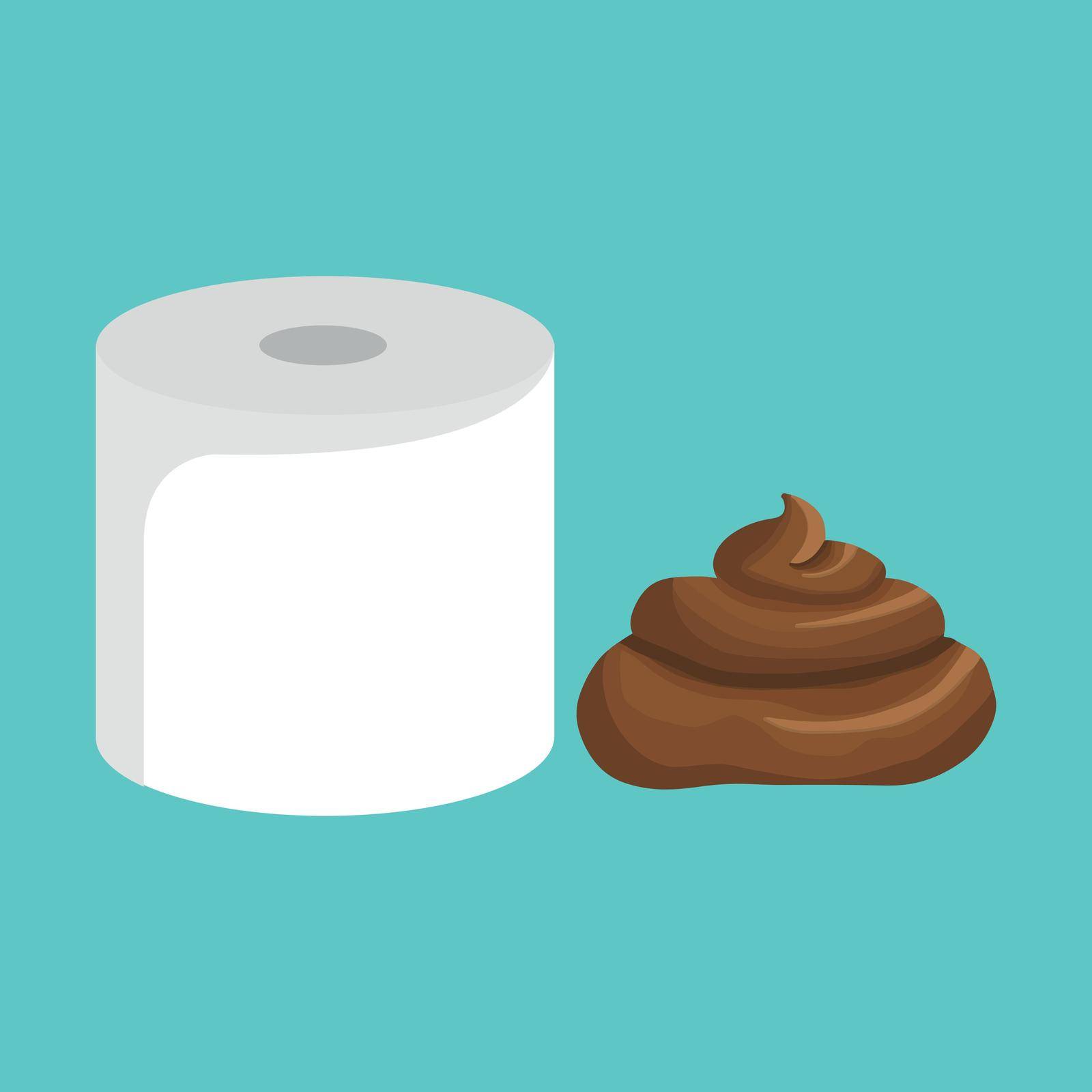 Roll of toilet paper and pile of dog poop in flat cartoon style. Funny excrement art
