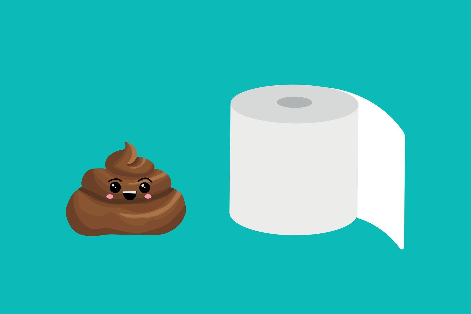 Roll of toilet paper and pile of dog poop in flat cartoon style. Funny excrement art