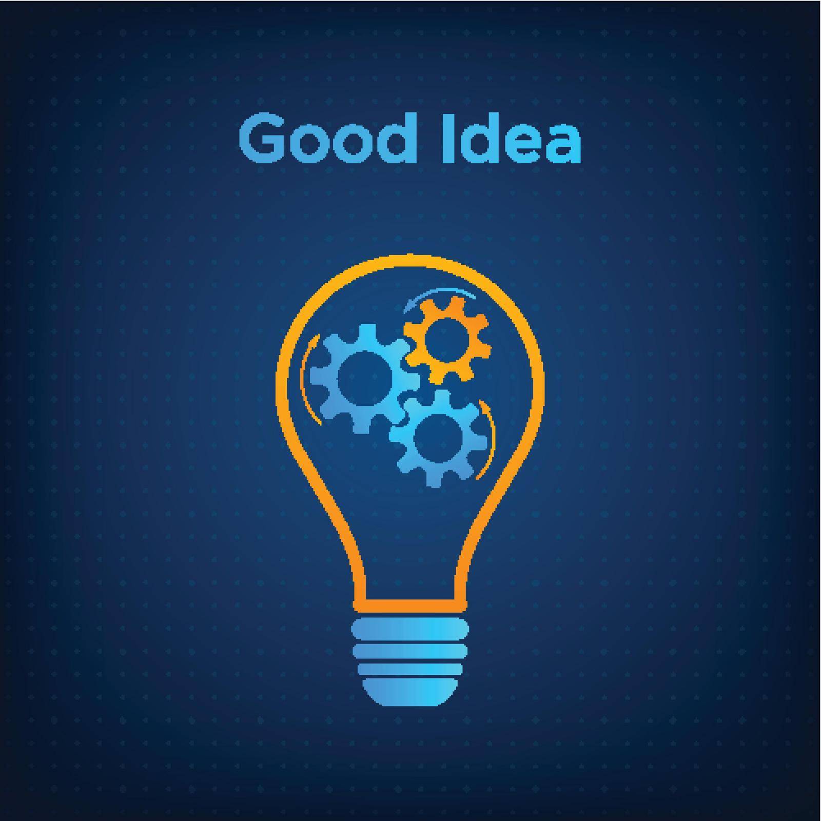 Gear lightbulb creative teamwork concept vector illustration. Orange bulb silhouette with blue cogwheel inside innovation ideas graphic. Line lamp with gear technology background business concept