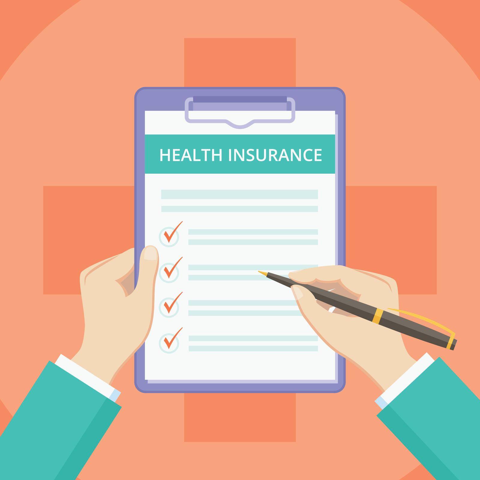 Medical insurance policy on clipboard with hands vector illustration. Health protect plan banner with insurance survey on clipboard, flat doctor hands filling medical policy on red background