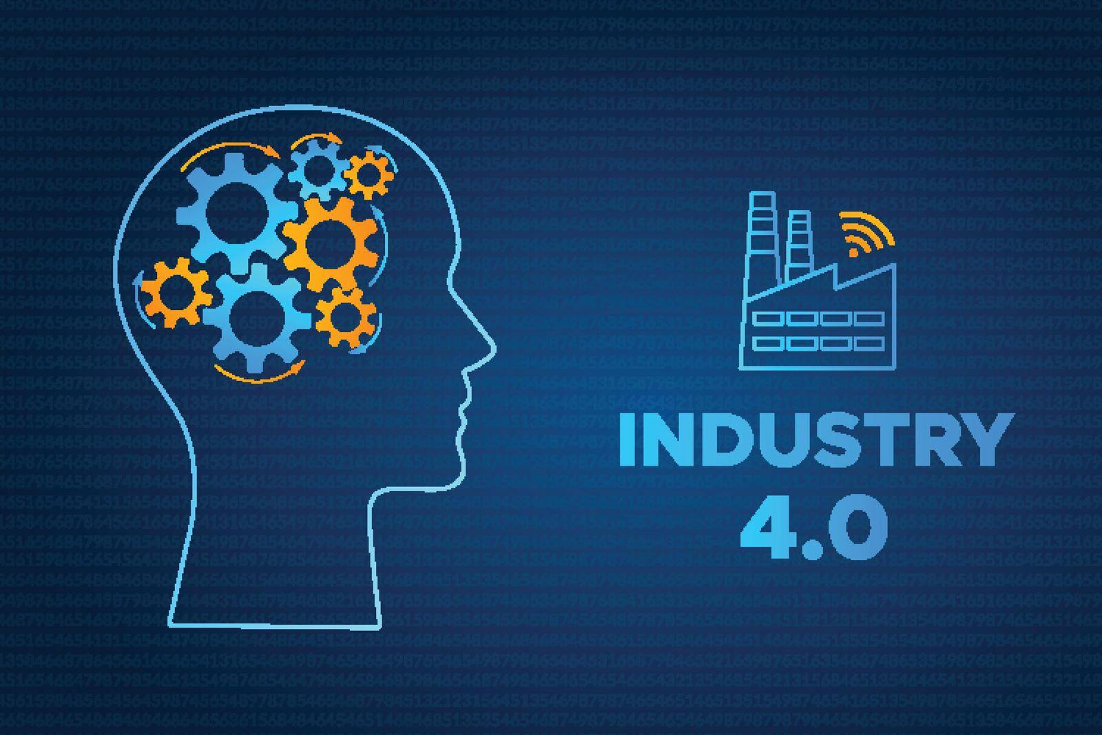 Head profile industry 4.0 revolution concept vector illustration. Blue factory icon with wireless symbol and sign INDUSTRY 4.0 Head silhouette with gear brain technology revolution business concept.