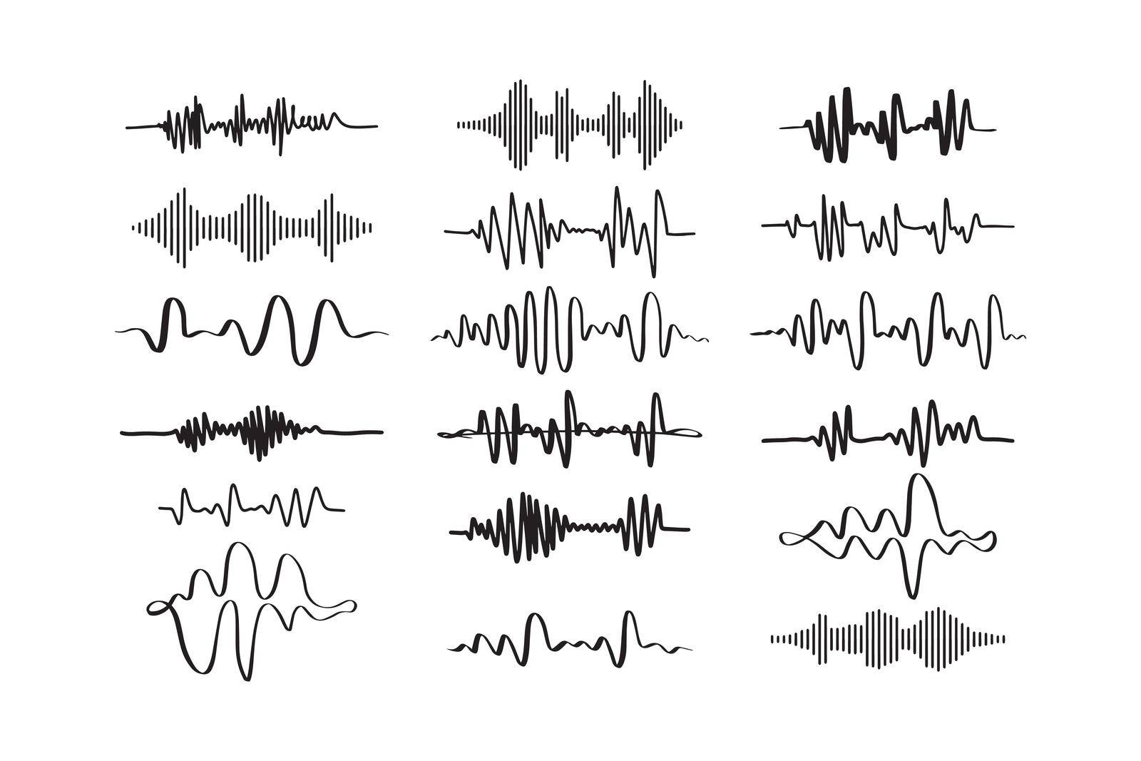 Sound waves. Doodle audio frequency, radio signal, voice line waveform, volume music level symbol. Vector illustration