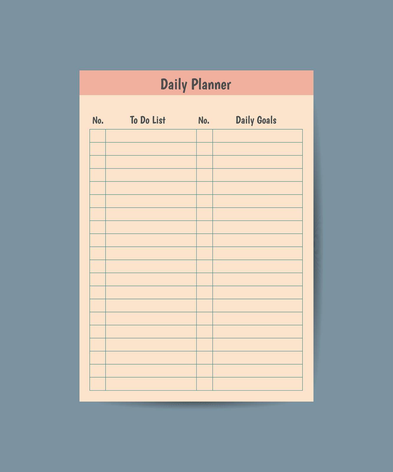 Daily planner printable template Vector. Blank white notebook page Letter size. Business organizer schedule page for a day for effective planning. Paper sheet. Vector illustration design by ANITA