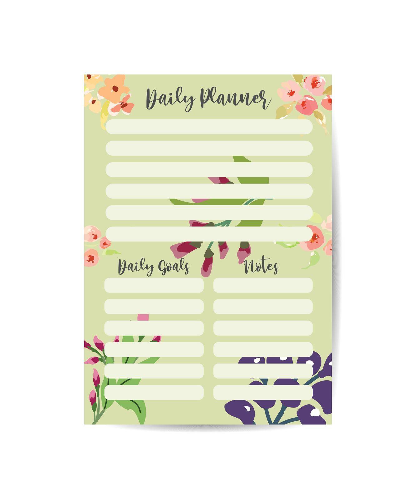 Daily Routines planner template Vector design element Floral of page for a notebook sheet with notes by ANITA