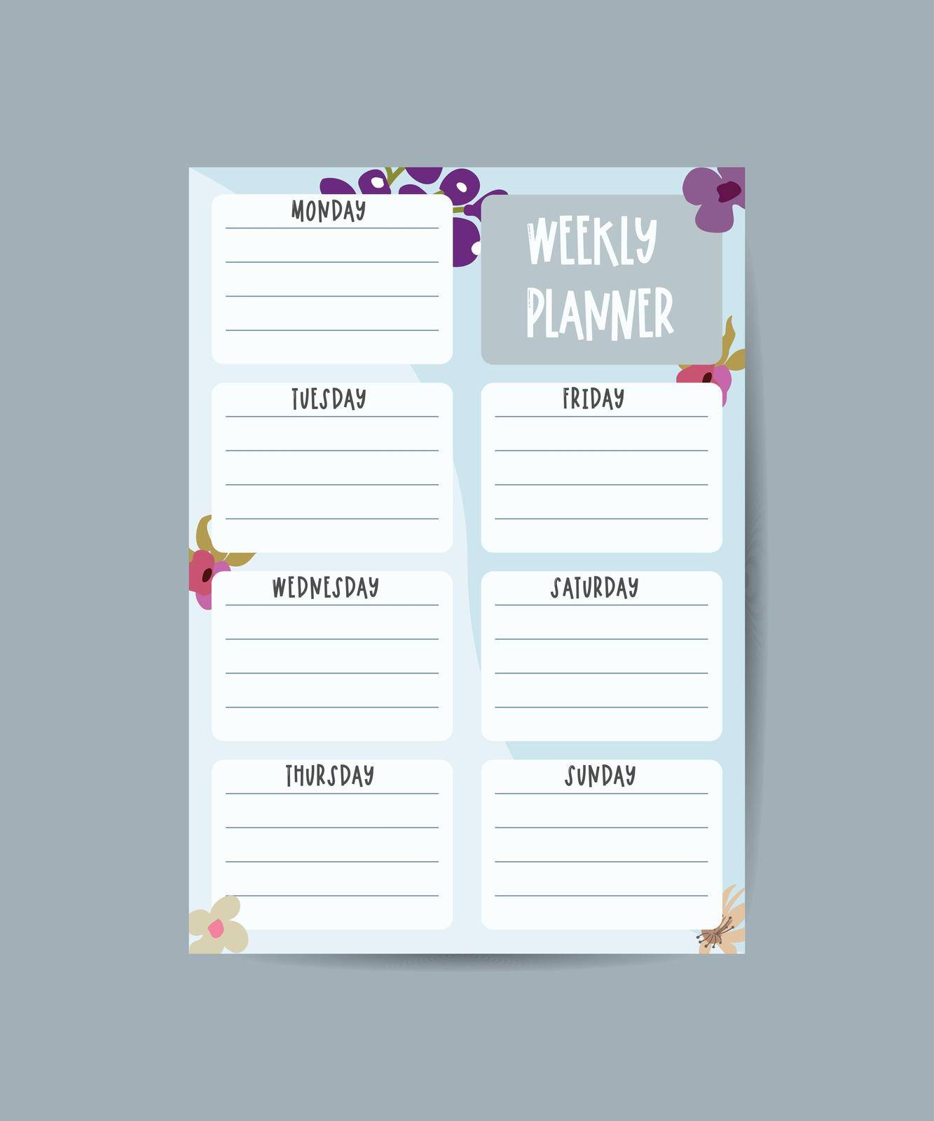 Cute vector weekly planner template. Elegant floral pastel tone organizer and notepad. Week calendar schedule. by ANITA