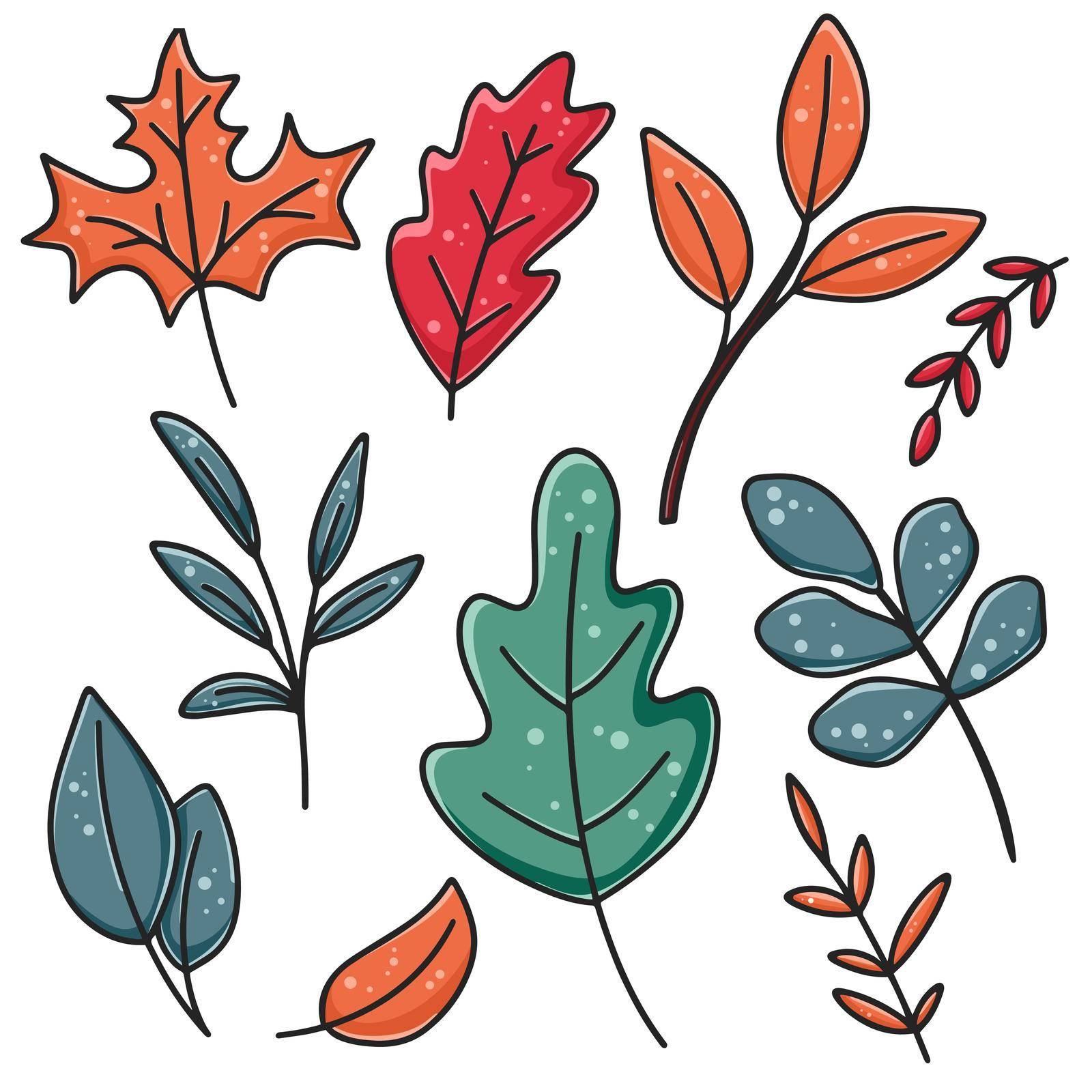 Set bright autumn leaves vector isolated illustration. Botanical miscellaneous foliage clipart. Leaves twigs and herbs cartoon decoration for design