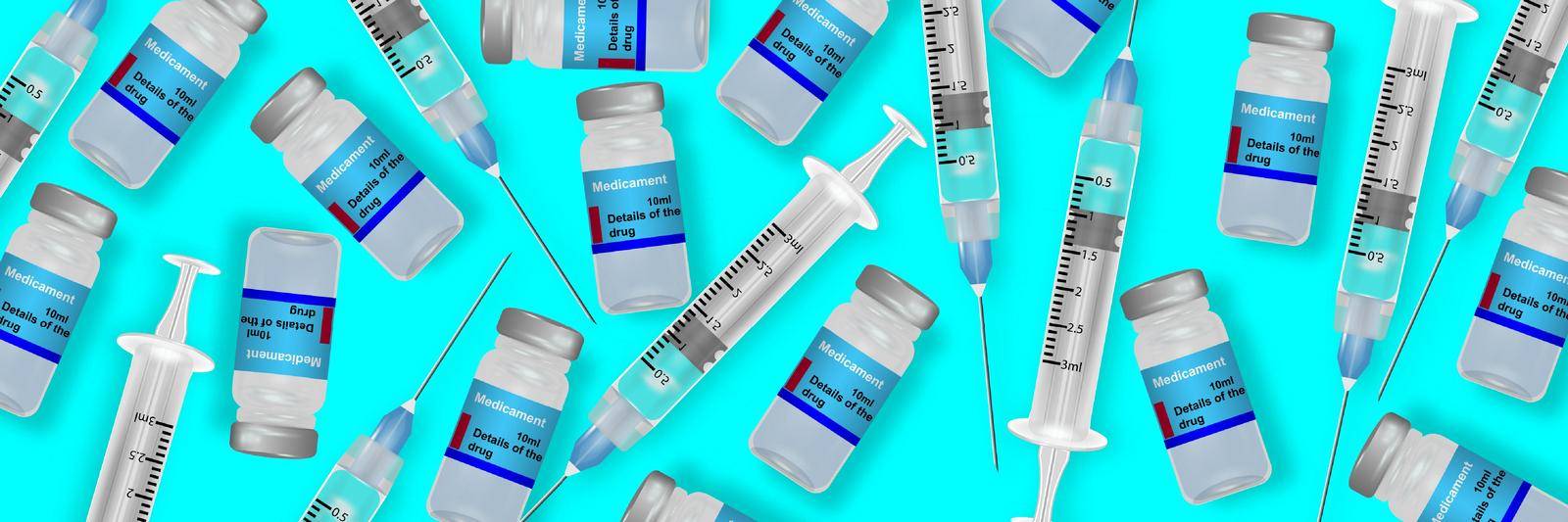 Medicine bottle and syringe. vials and syringe for injection vaccine. Covid19 coronavirus vaccine concept for web banner design, banner background